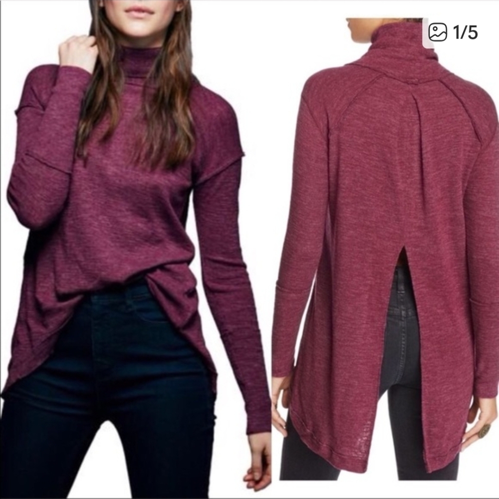 FP We the Free Long Sleeve Turtleneck Split Back Tunic in Plum